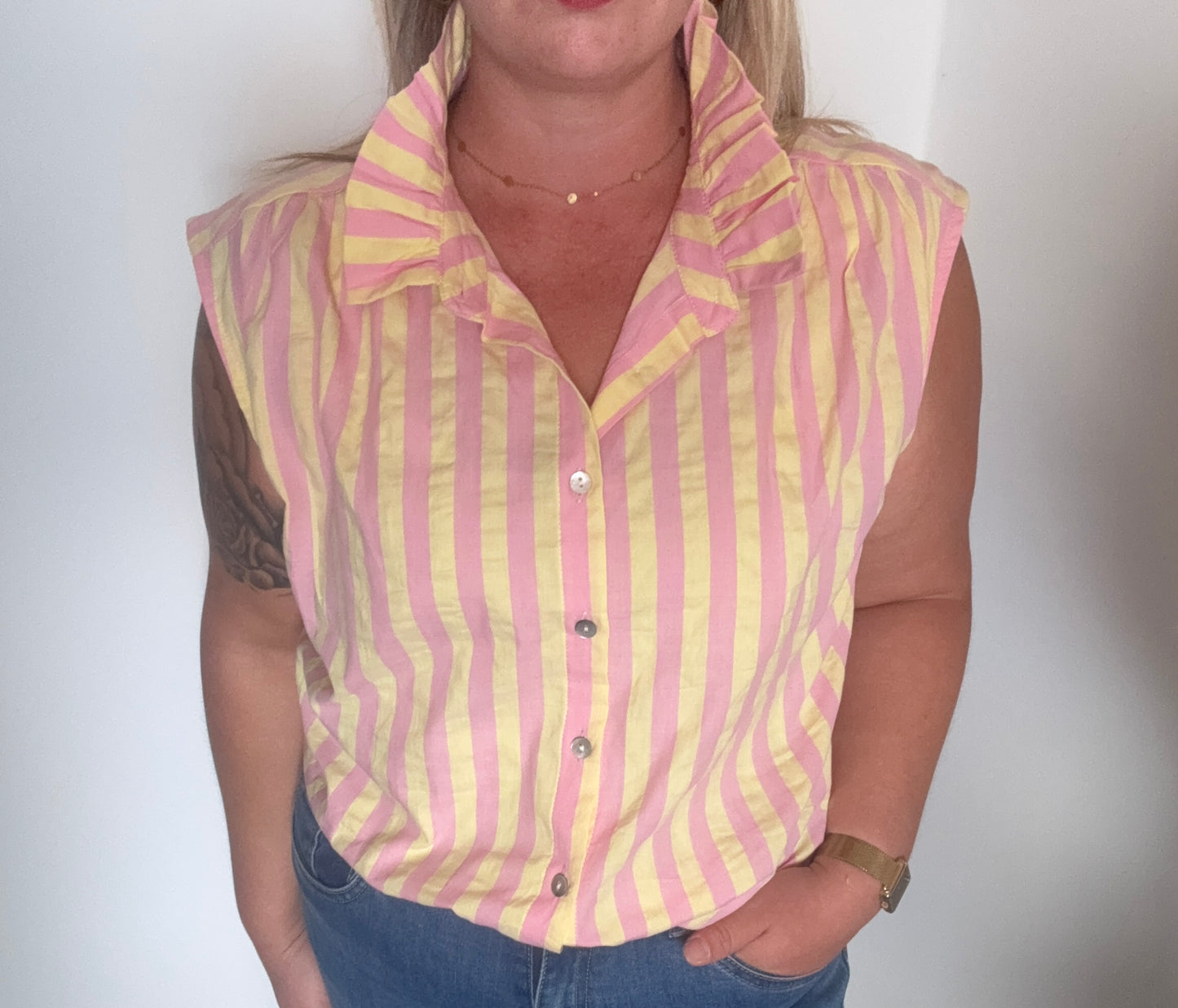 Chemise sans manches rayée - jaune et rose