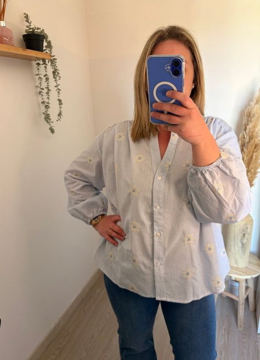 Chemisier bleu fleurs brodé￼