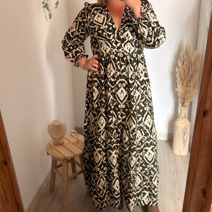 Robe longue bohème kaki et écru – Manches longues – Charlotte