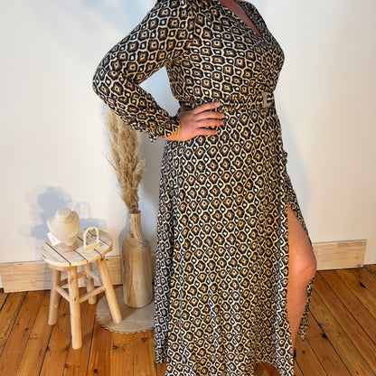 Robe longue fluide léopard avec fente - Stéphanie 