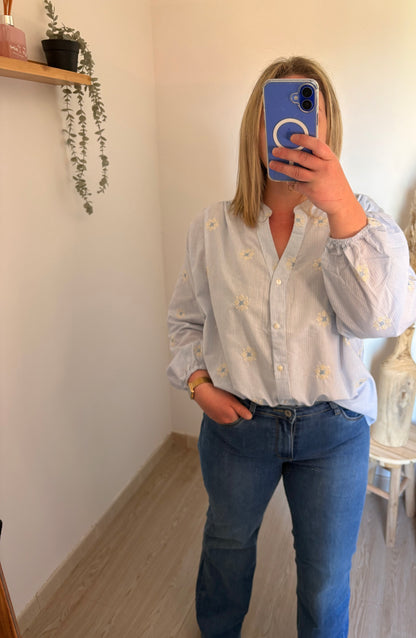 Chemisier bleu fleurs brodé￼